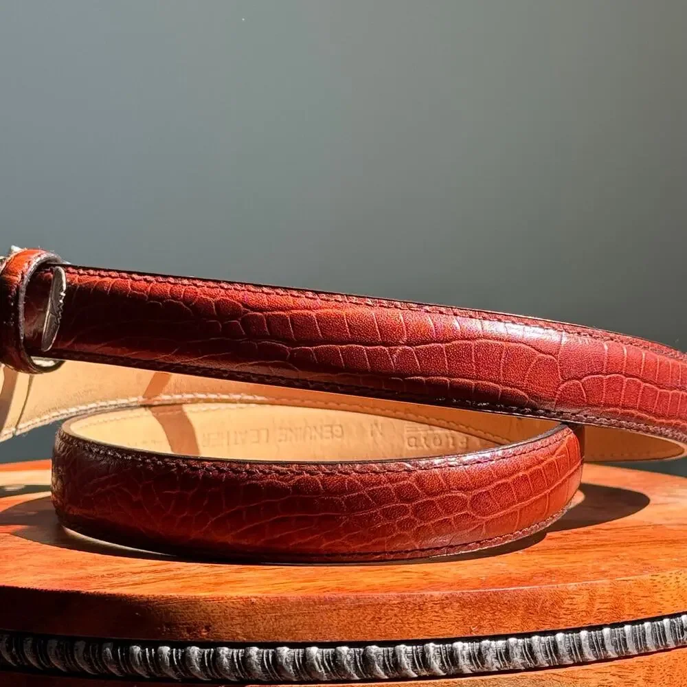 Raymond Floyd Genuine Leather Croc Embossed Belt Brown Gold Buckle Size M 33”